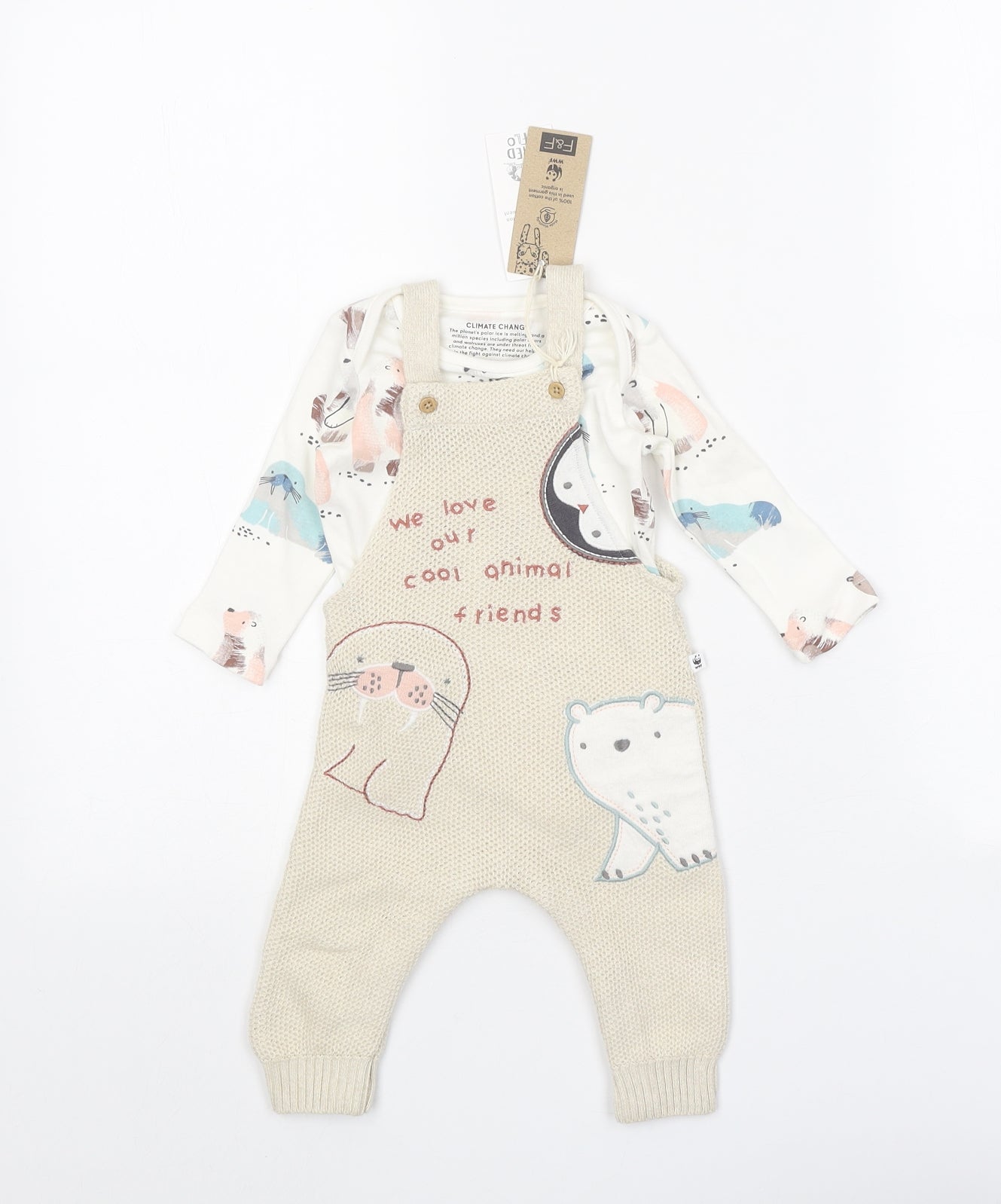 F&F Baby Beige Geometric 100% Cotton Babygrow One-Piece Size 0-3 Months Button - Embroidered Appliqués
