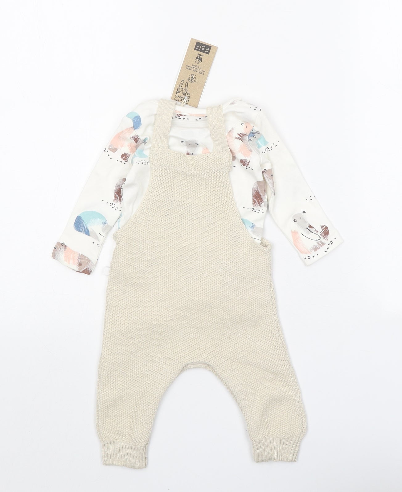 F&F Baby Beige Geometric 100% Cotton Babygrow One-Piece Size 0-3 Months Button - Embroidered Appliqués