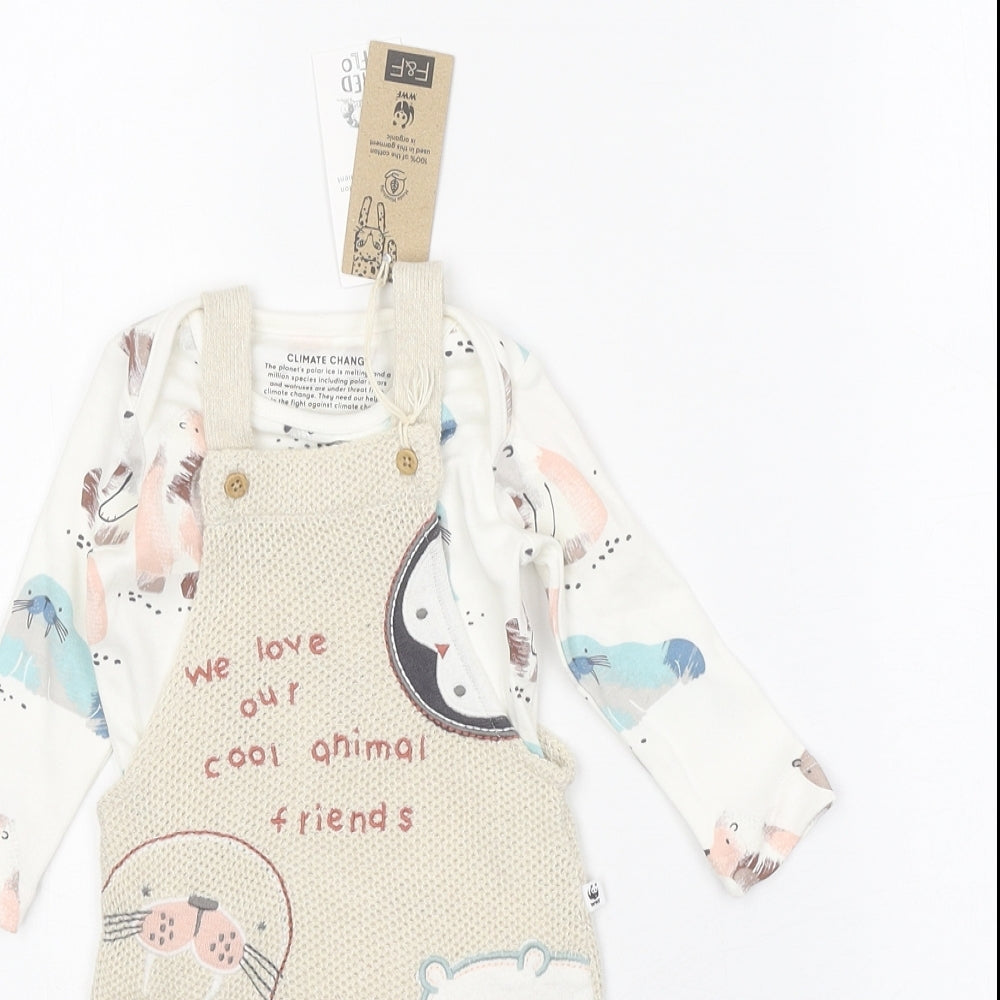 F&F Baby Beige Geometric 100% Cotton Babygrow One-Piece Size 0-3 Months Button - Embroidered Appliqués