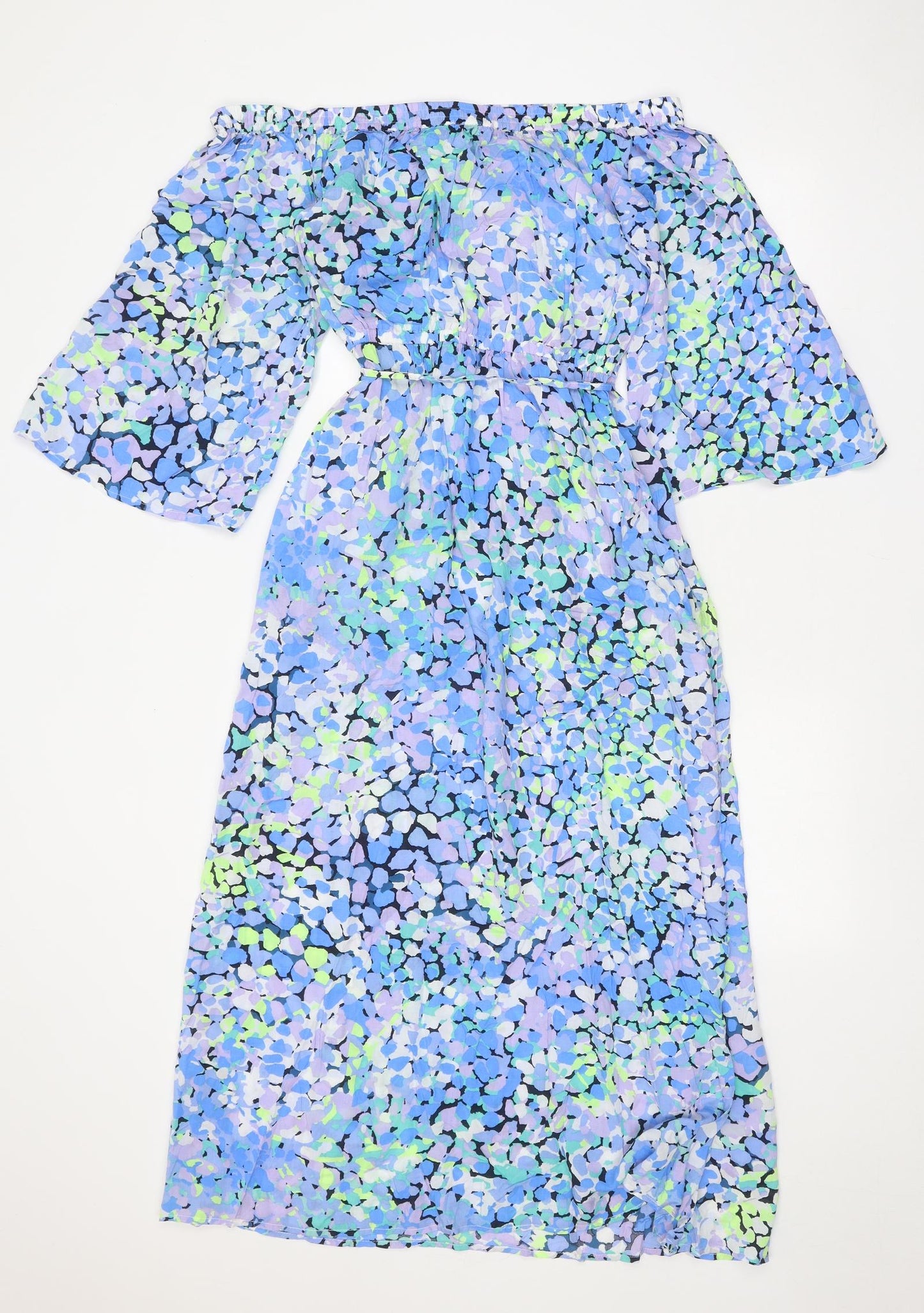 Marks and Spencer Womens Blue Geometric Polyester Fit & Flare Size 12 Off the Shoulder Tie