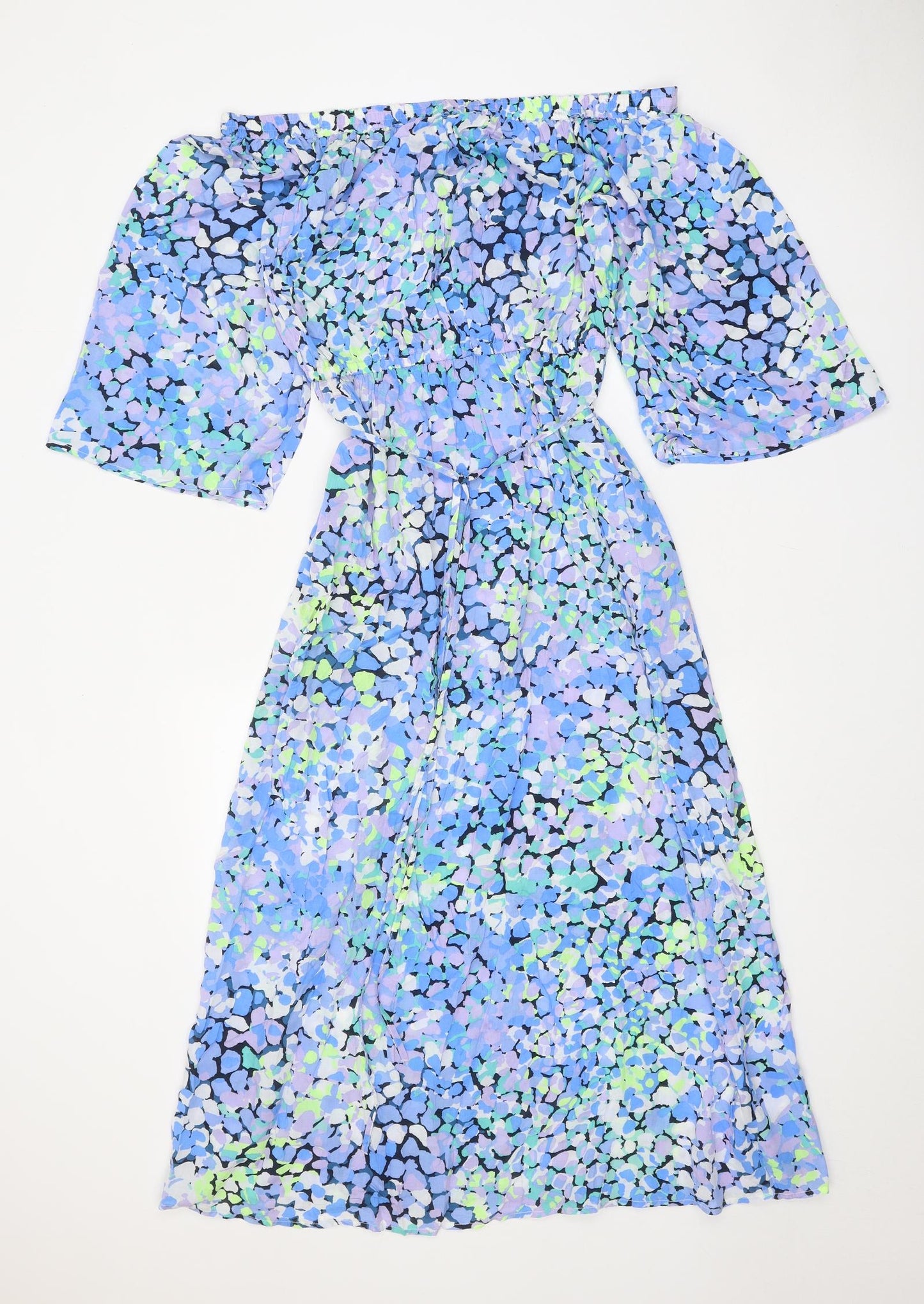 Marks and Spencer Womens Blue Geometric Polyester Fit & Flare Size 12 Off the Shoulder Tie