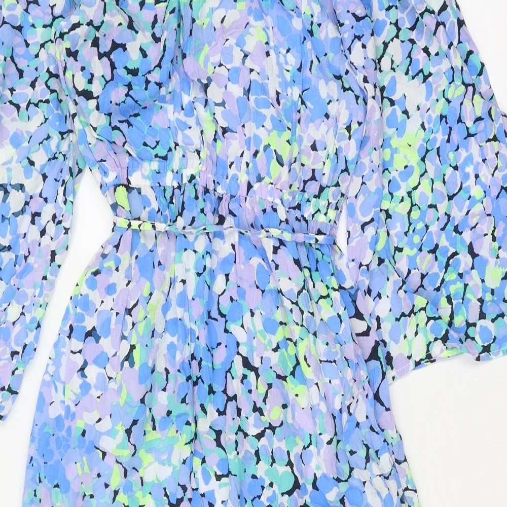 Marks and Spencer Womens Blue Geometric Polyester Fit & Flare Size 12 Off the Shoulder Tie