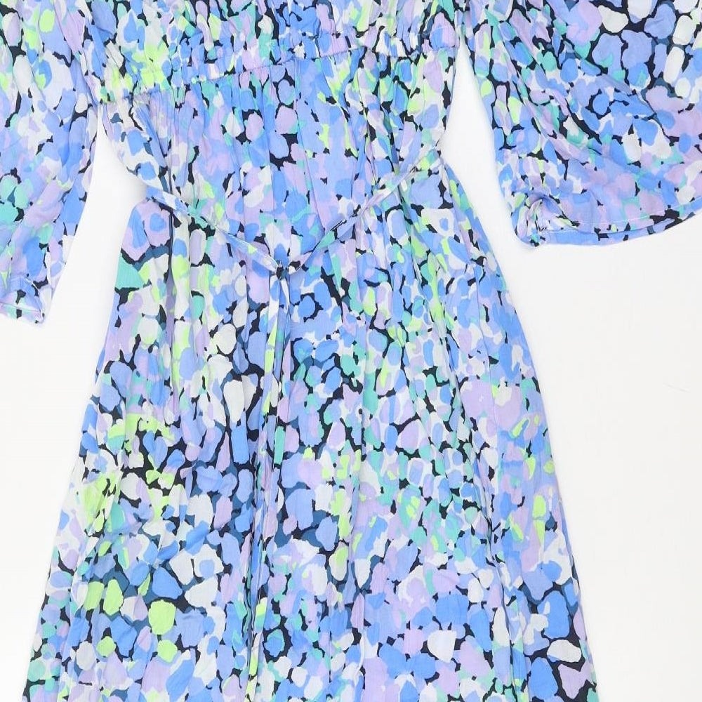 Marks and Spencer Womens Blue Geometric Polyester Fit & Flare Size 12 Off the Shoulder Tie