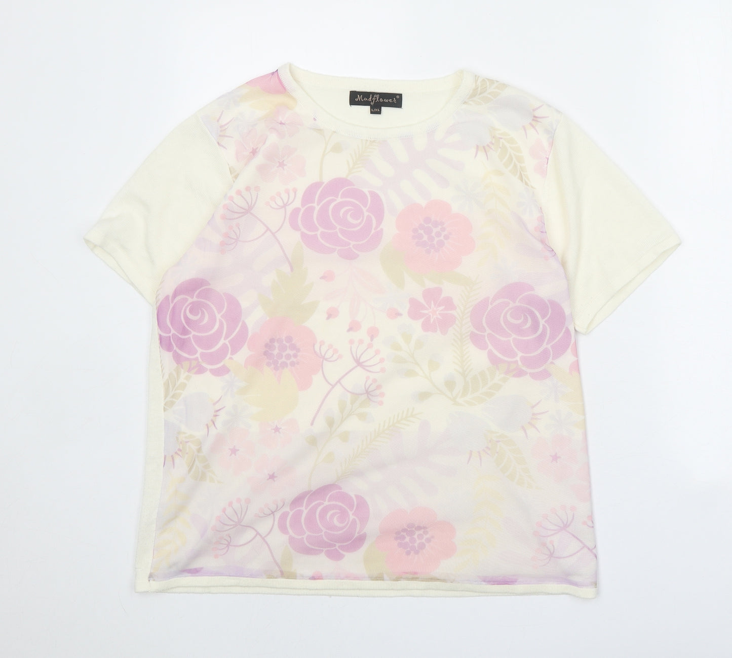 Mind Flower Womens White Round Neck Floral Acrylic Pullover Jumper Size L