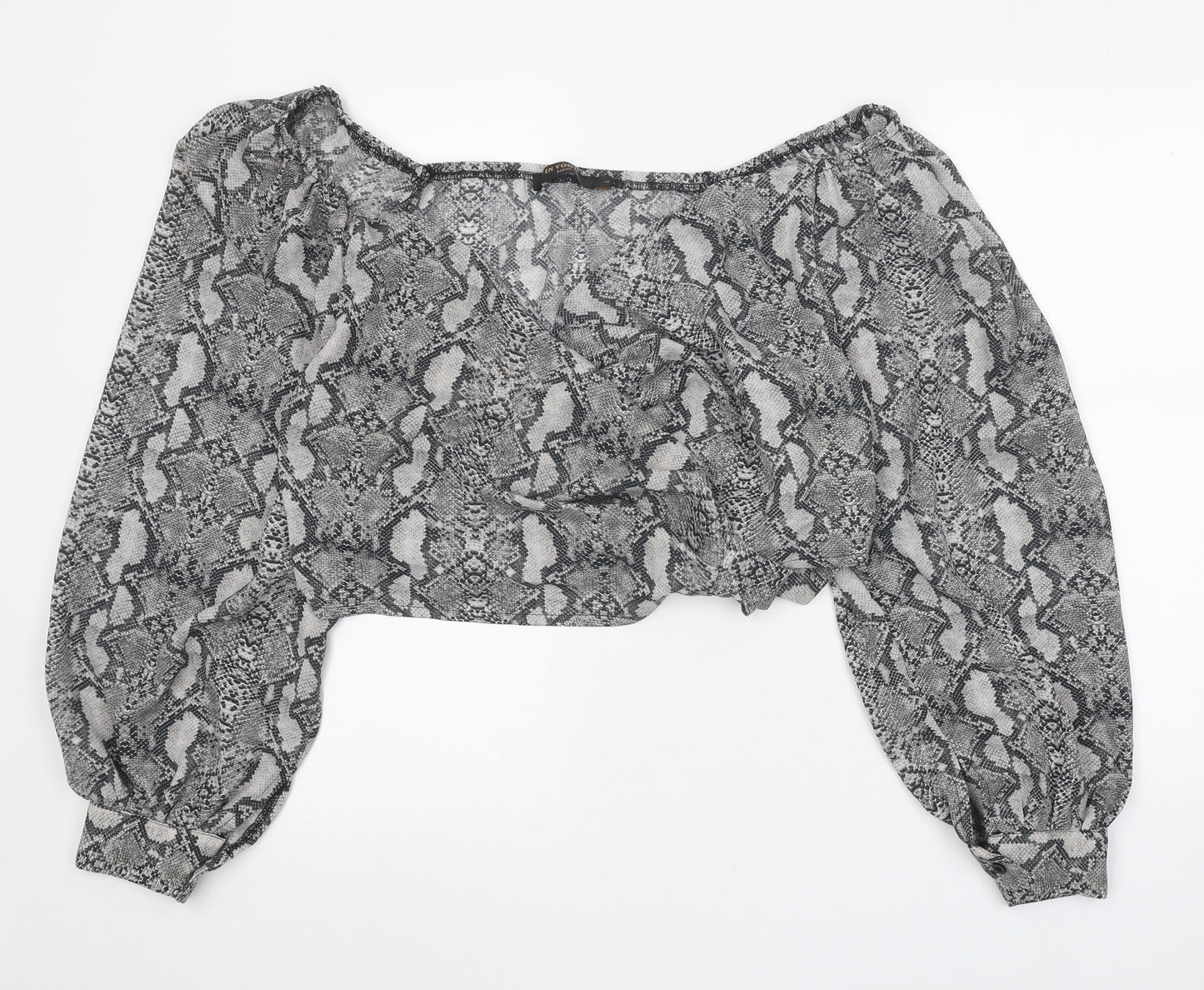 In Vogue Womens Grey Animal Print Polyester Cropped Blouse Size L Off the Shoulder - Snake Print