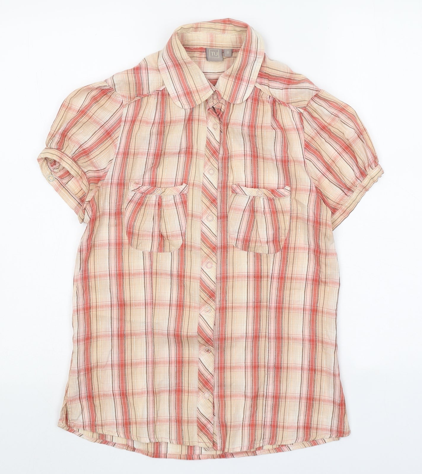 TU Womens Orange Plaid 100% Cotton Basic Button-Up Size 8 Collared