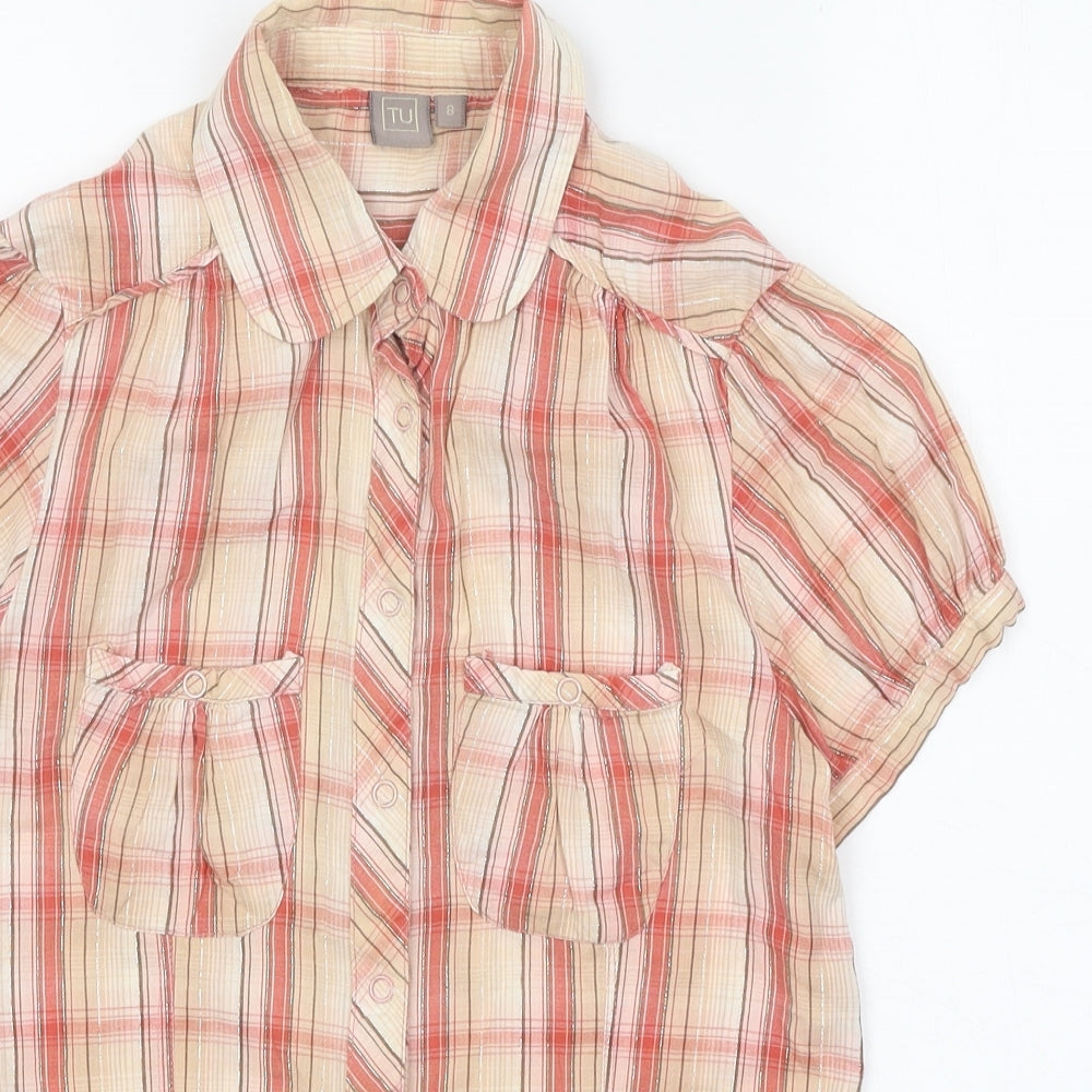 TU Womens Orange Plaid 100% Cotton Basic Button-Up Size 8 Collared