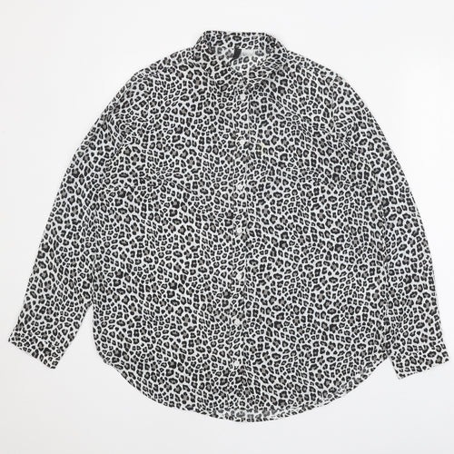 H&M Womens White Animal Print Polyester Basic Button-Up Size M Collared - Leopard print