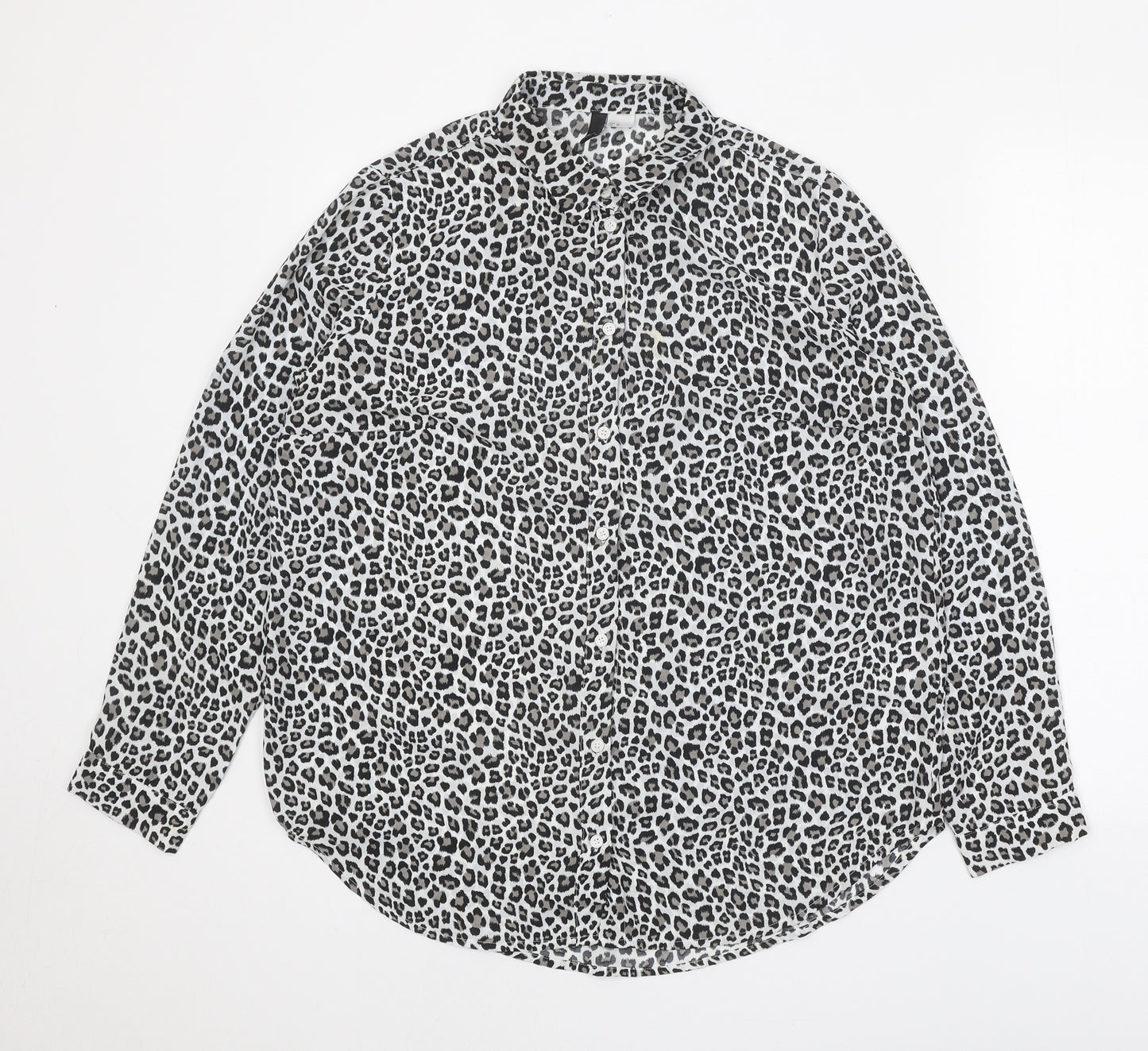 H&M Womens White Animal Print Polyester Basic Button-Up Size M Collared - Leopard print