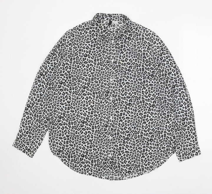 H&M Womens White Animal Print Polyester Basic Button-Up Size M Collared - Leopard print
