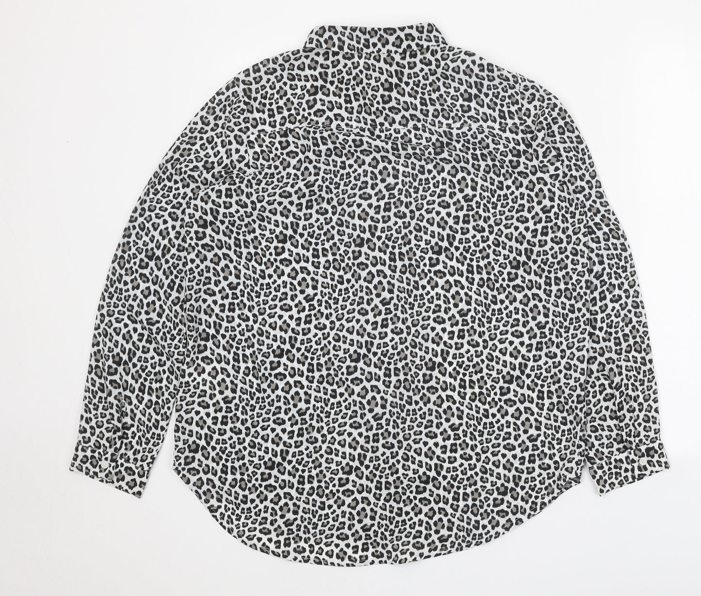H&M Womens White Animal Print Polyester Basic Button-Up Size M Collared - Leopard print