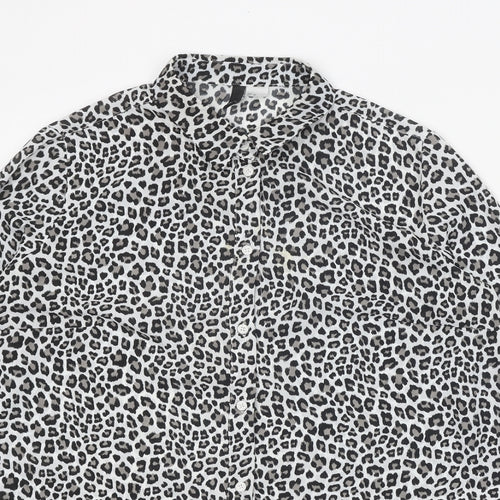 H&M Womens White Animal Print Polyester Basic Button-Up Size M Collared - Leopard print