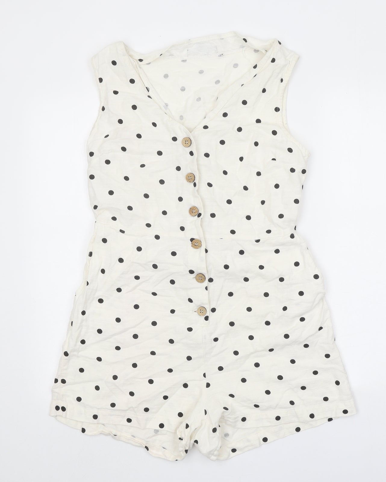 Primark Womens White Polka Dot 100% Cotton Playsuit One-Piece Size 12 Button