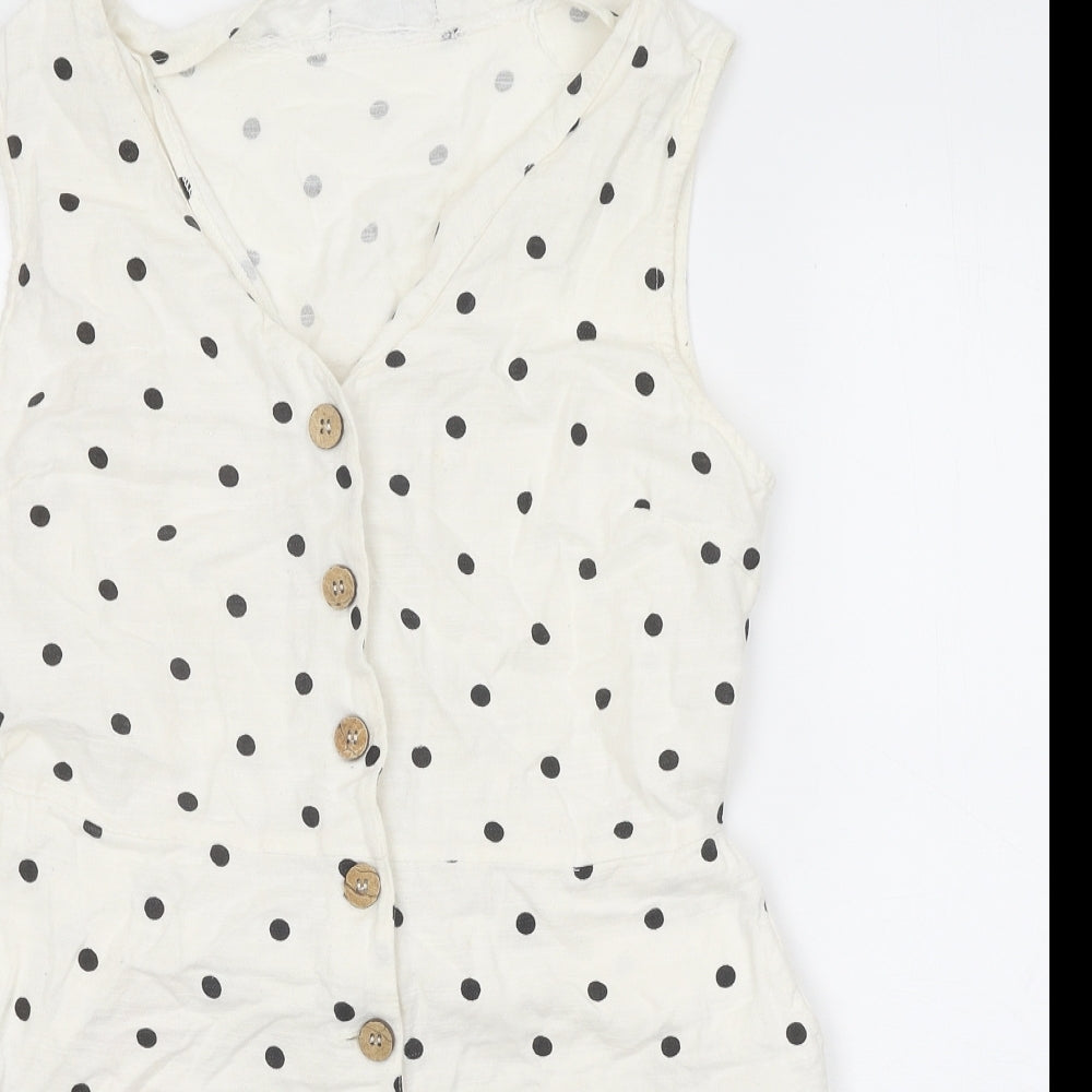Primark Womens White Polka Dot 100% Cotton Playsuit One-Piece Size 12 Button
