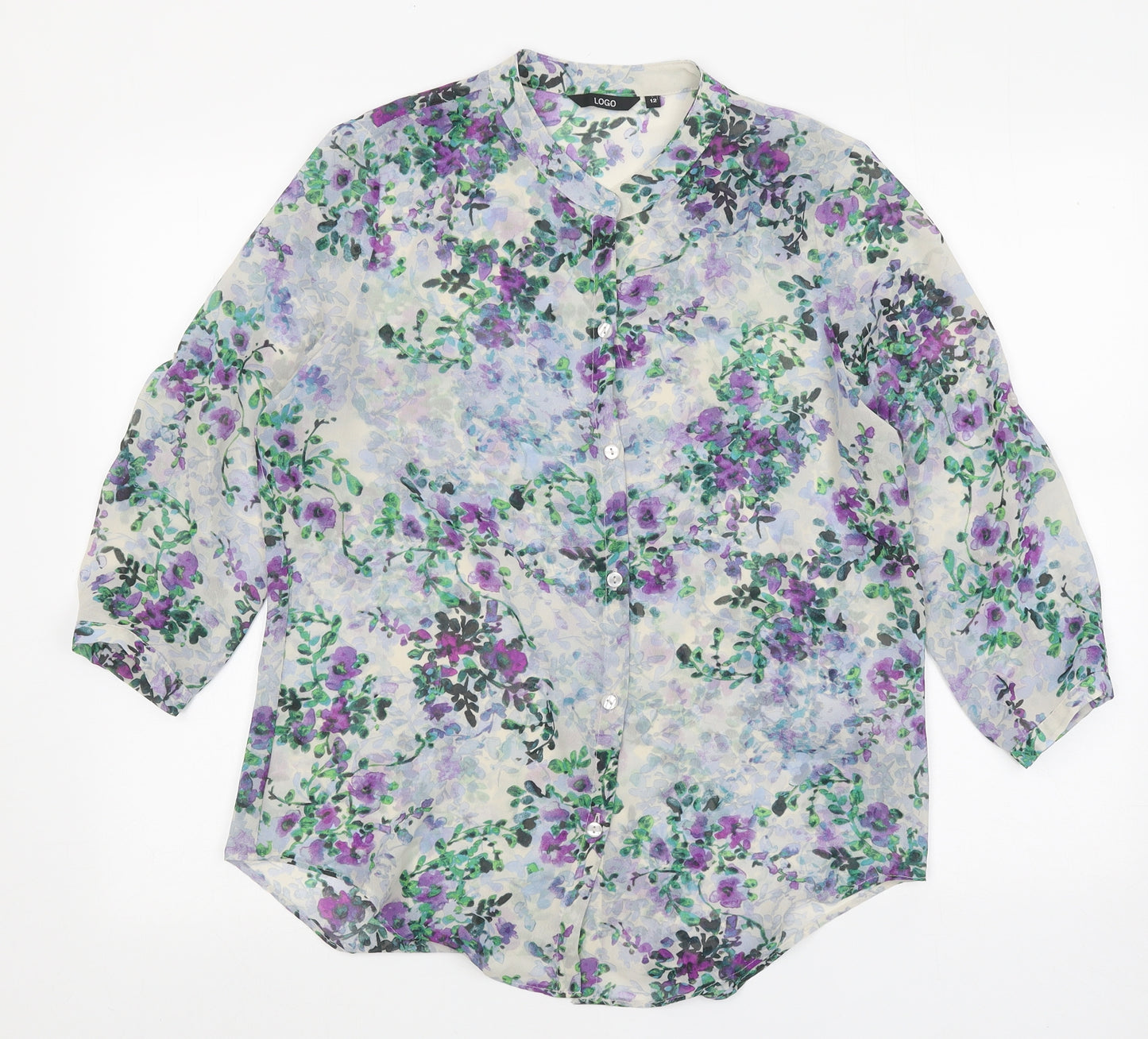 Logo Womens Beige Floral Polyester Basic Button-Up Size 12 Collared