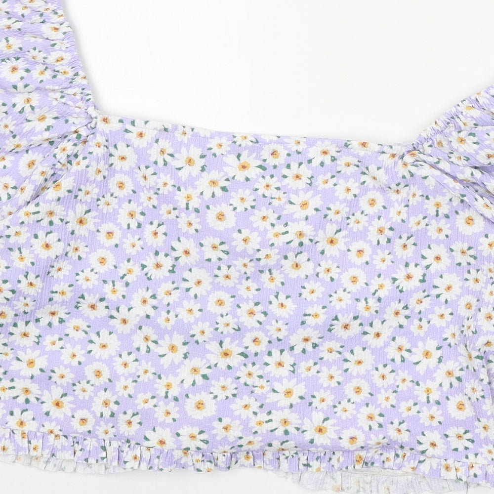Warehouse Womens Purple Floral Polyester Cropped Blouse Size 16 V-Neck - Front Ruched