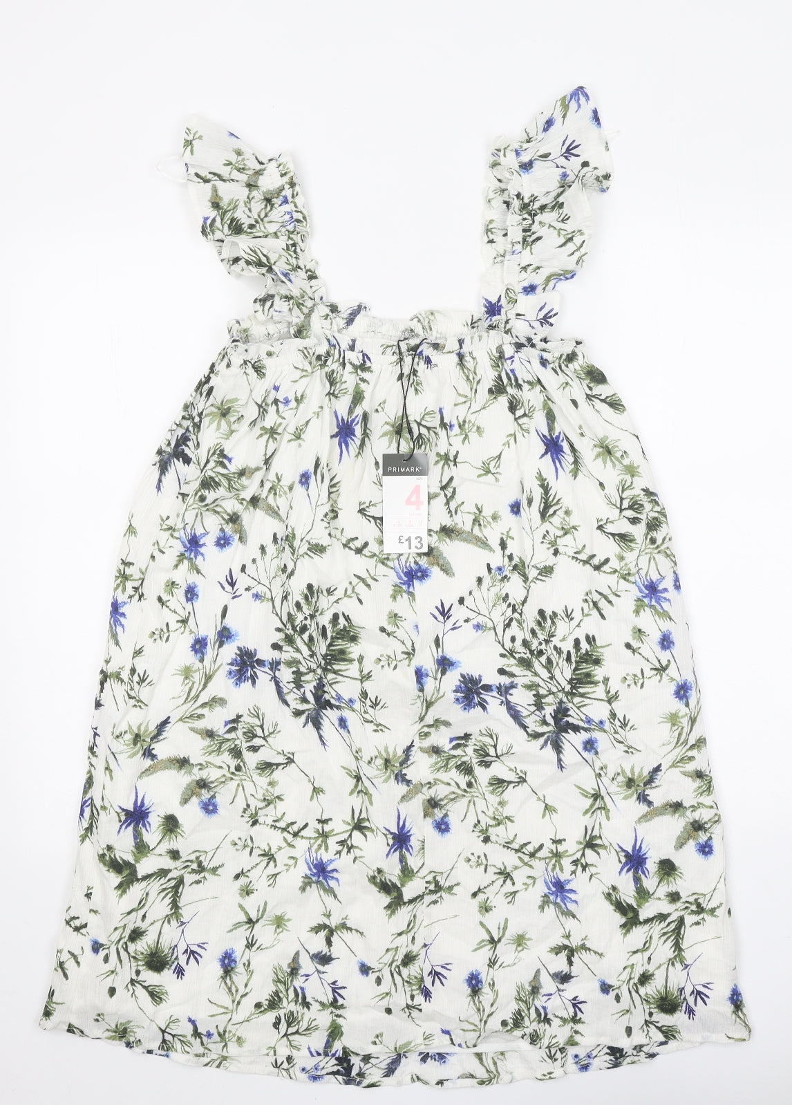 Primark Womens White Floral 100% Cotton A-Line Size 4 Square Neck Pullover