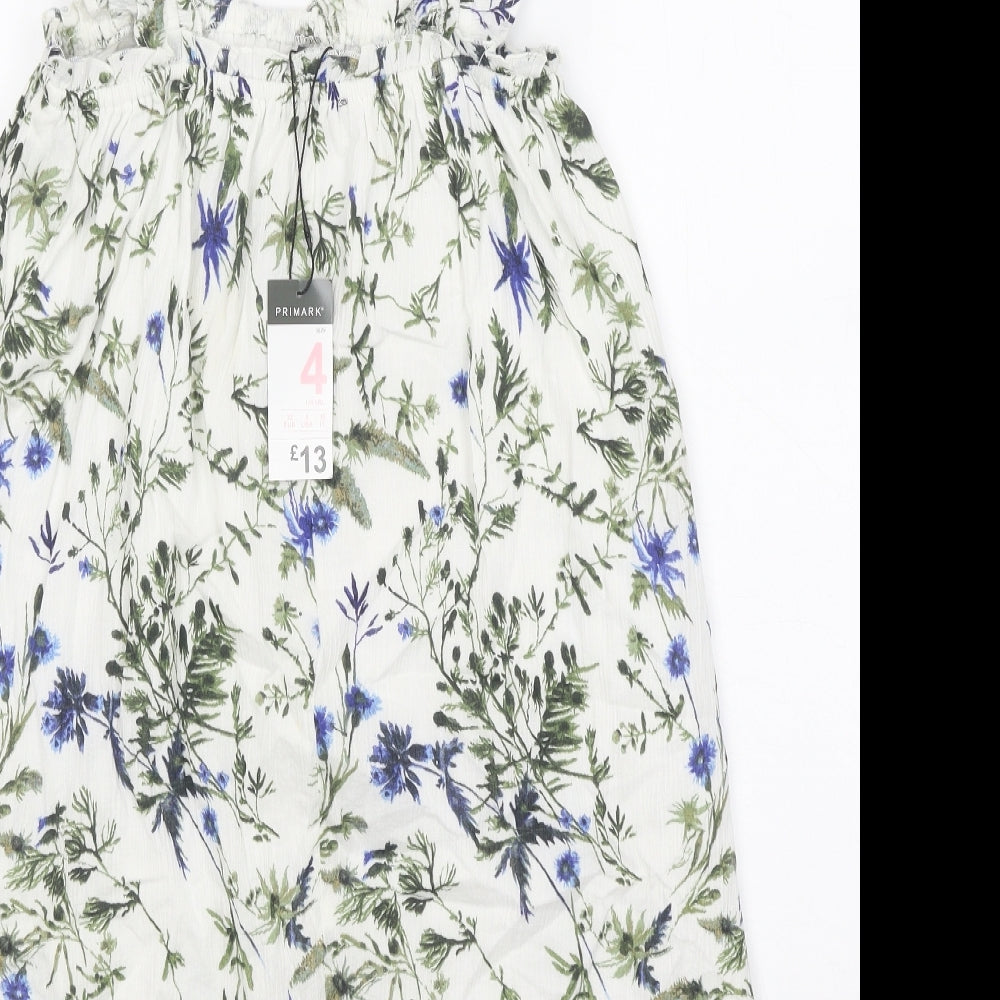 Primark Womens White Floral 100% Cotton A-Line Size 4 Square Neck Pullover