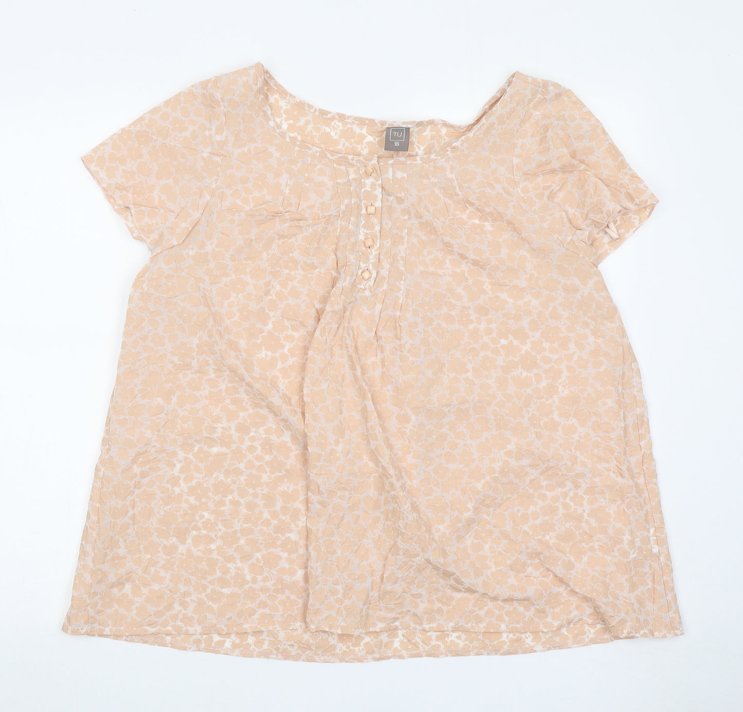 TU Womens Orange Floral Polyester Basic Blouse Size 16 Boat Neck