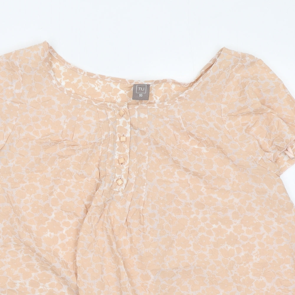 TU Womens Orange Floral Polyester Basic Blouse Size 16 Boat Neck