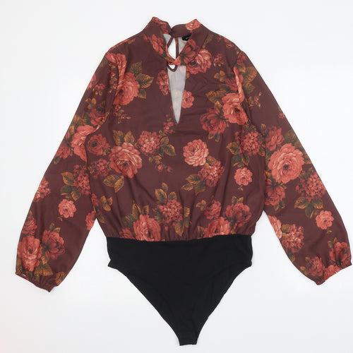 New Look Womens Brown Floral Cotton Bodysuit One-Piece Size 12 Snap