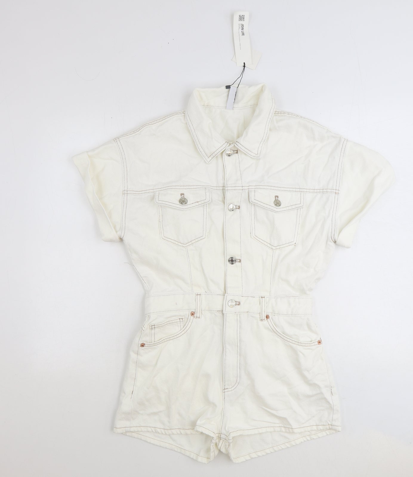Zara Womens White 100% Cotton Playsuit One-Piece Size M Button