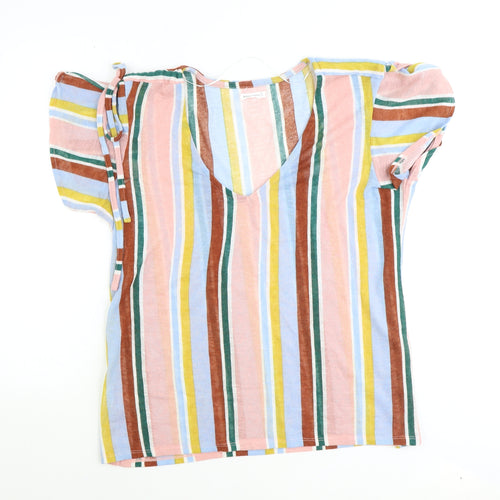 Encuentro Womens Multicoloured Striped Polyester Basic T-Shirt Size L V-Neck