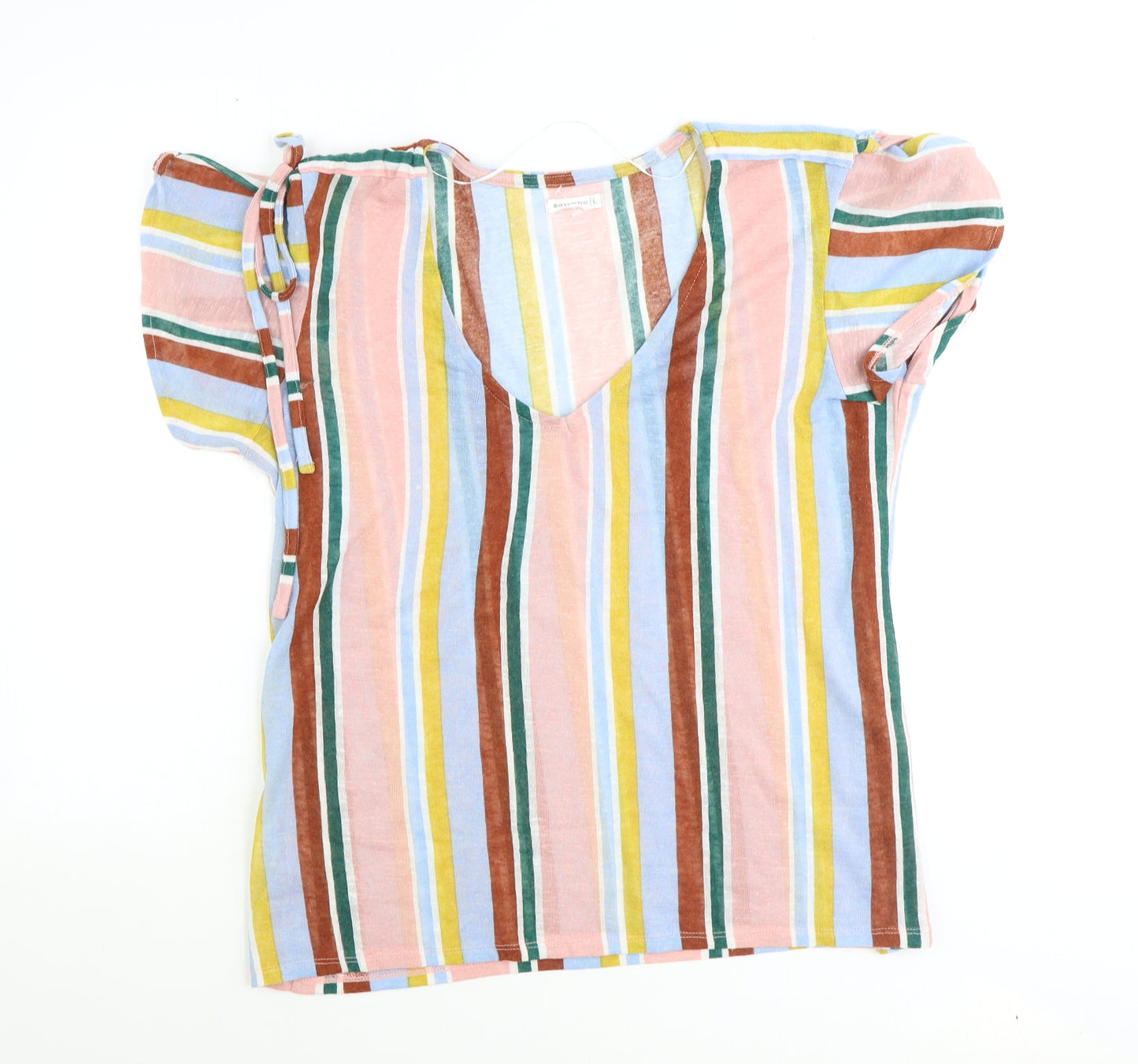 Encuentro Womens Multicoloured Striped Polyester Basic T-Shirt Size L V-Neck