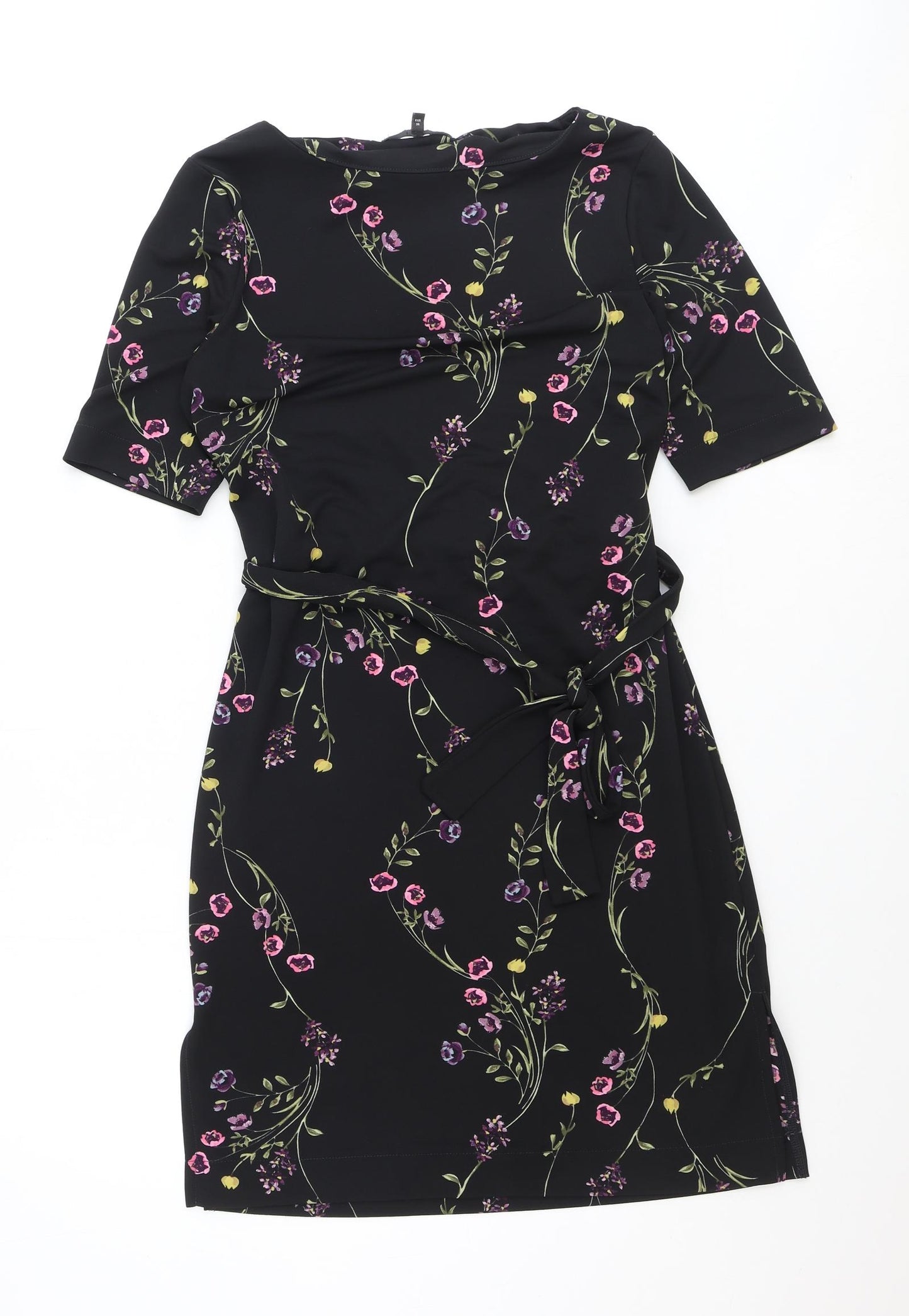 NEXT Womens Black Floral Polyester A-Line Size 8 Round Neck Tie