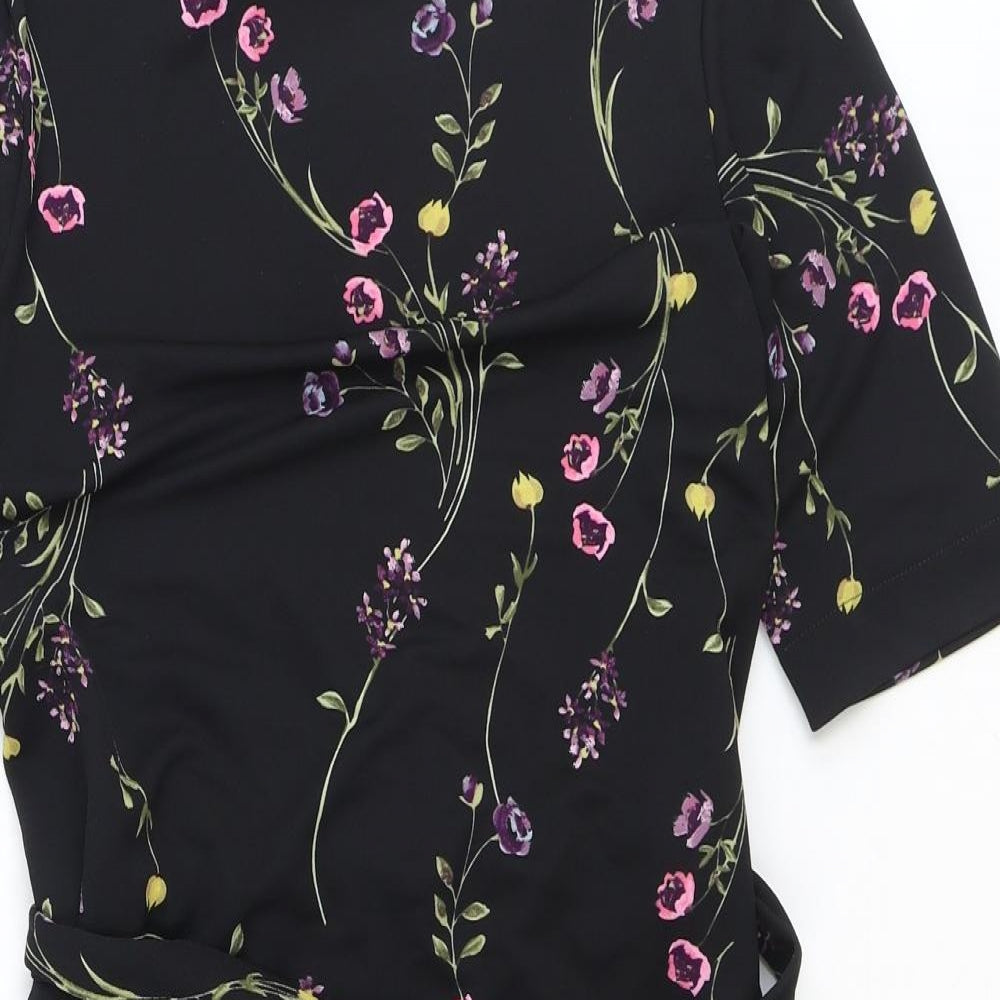 NEXT Womens Black Floral Polyester A-Line Size 8 Round Neck Tie