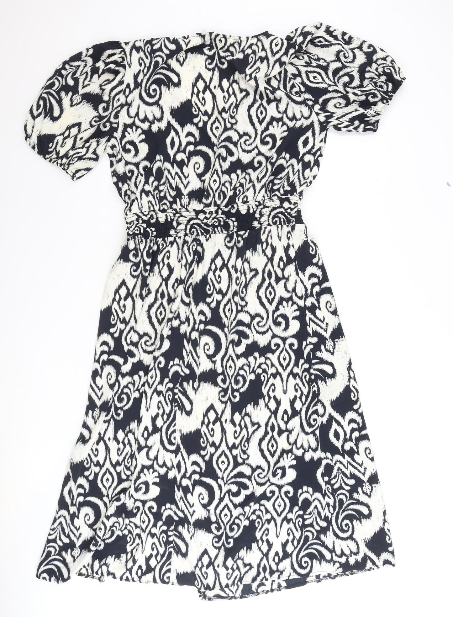 Preworn Womens Black Geometric Polyester Fit & Flare Size 14 V-Neck Pullover