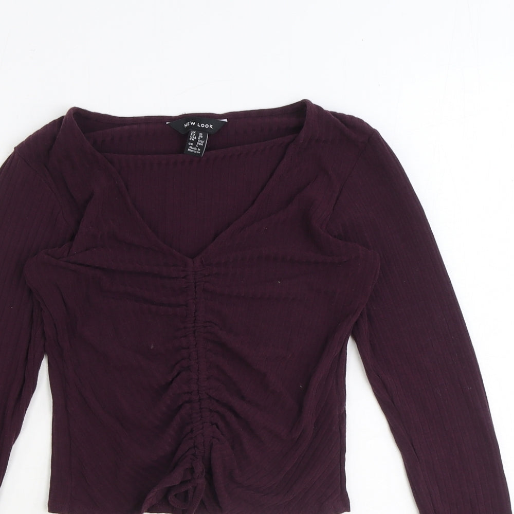 New Look Womens Purple Polyester Basic T-Shirt Size 10 V-Neck