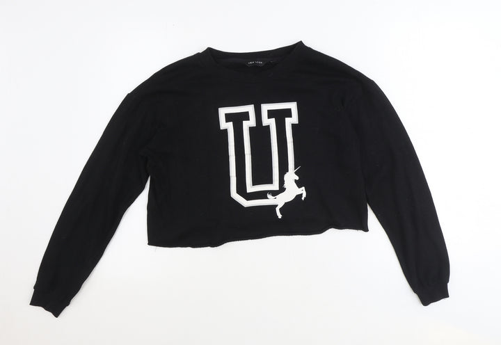 New Look Womens Black Cotton Pullover Sweatshirt Size 10 Pullover - Cropped, Unicorn