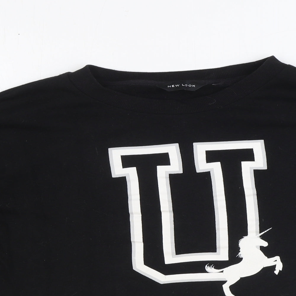 New Look Womens Black Cotton Pullover Sweatshirt Size 10 Pullover - Cropped, Unicorn