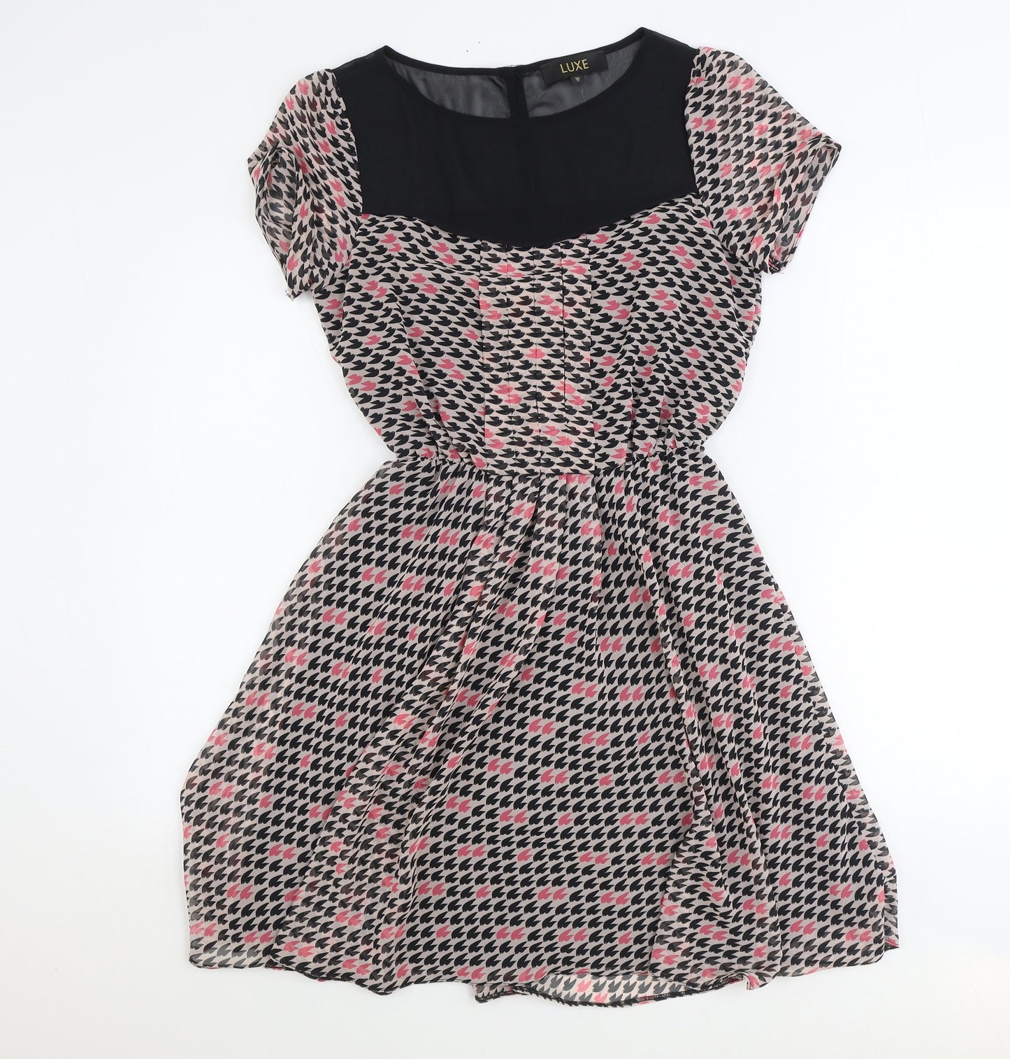 Luxe Womens Pink Geometric Polyester Skater Dress Size 10 Round Neck Button
