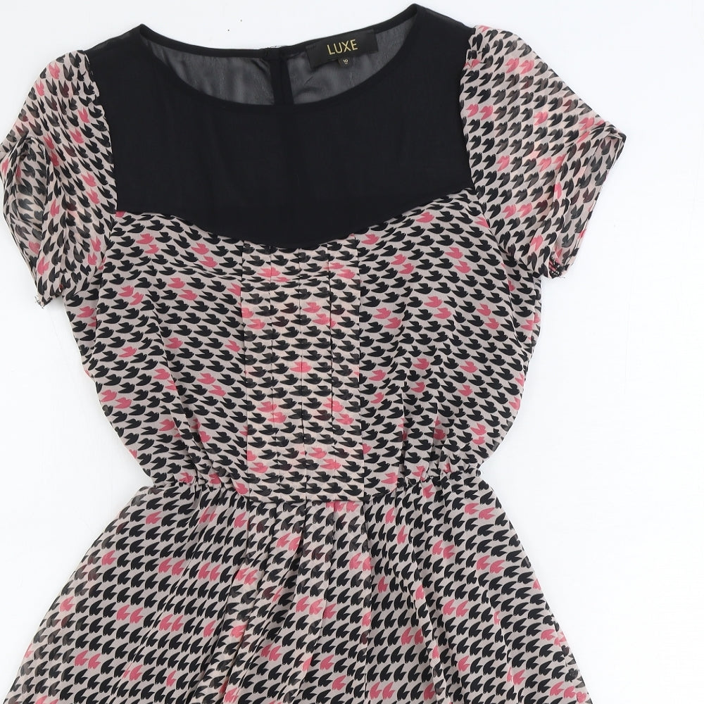 Luxe Womens Pink Geometric Polyester Skater Dress Size 10 Round Neck Button