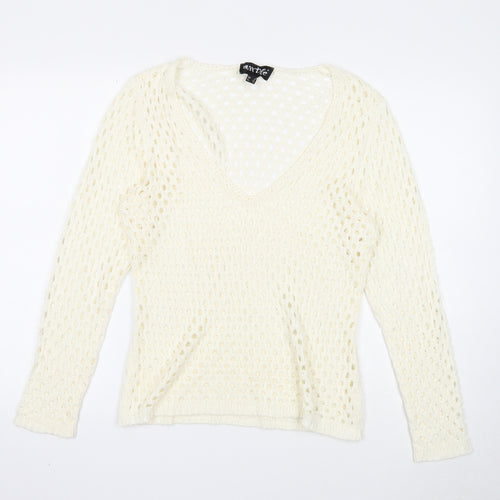 Marble Womens White V-Neck Acrylic Pullover Jumper Size 4