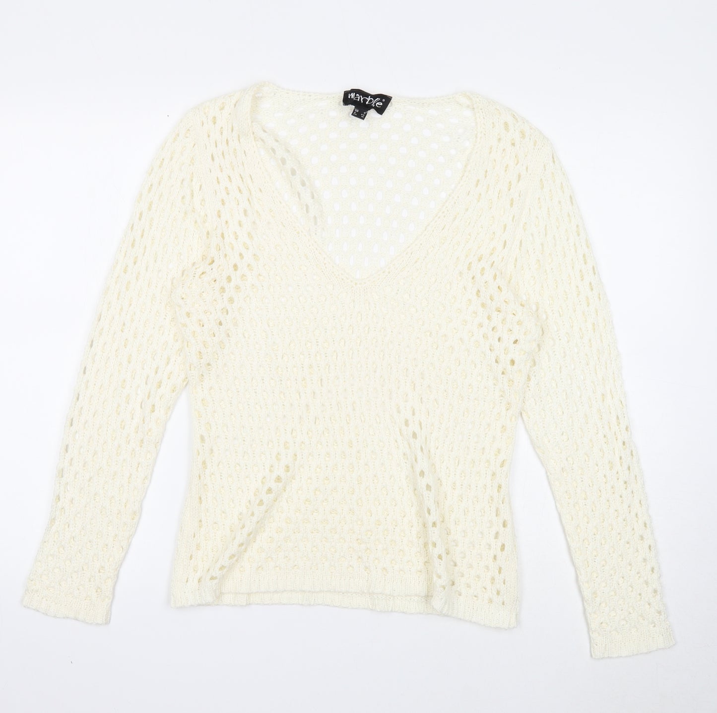 Marble Womens White V-Neck Acrylic Pullover Jumper Size 4
