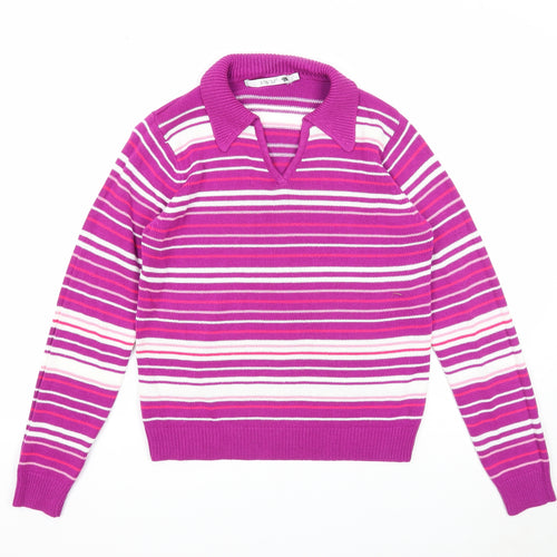 EWM Womens Purple Collared Striped Acrylic Pullover Jumper Size S