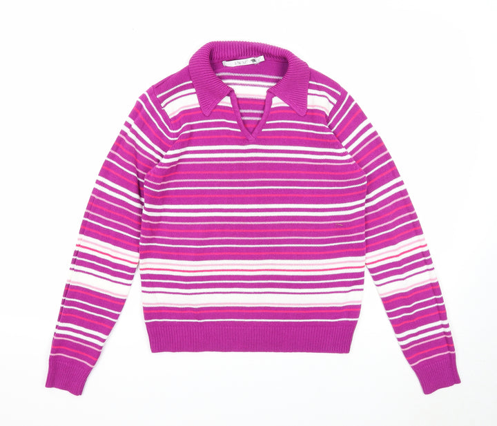 EWM Womens Purple Collared Striped Acrylic Pullover Jumper Size S