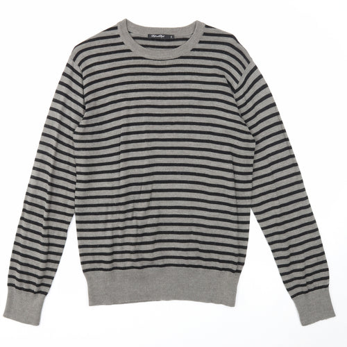 Defended Style Mens Grey Round Neck Striped Acrylic Pullover Jumper Size S Long Sleeve