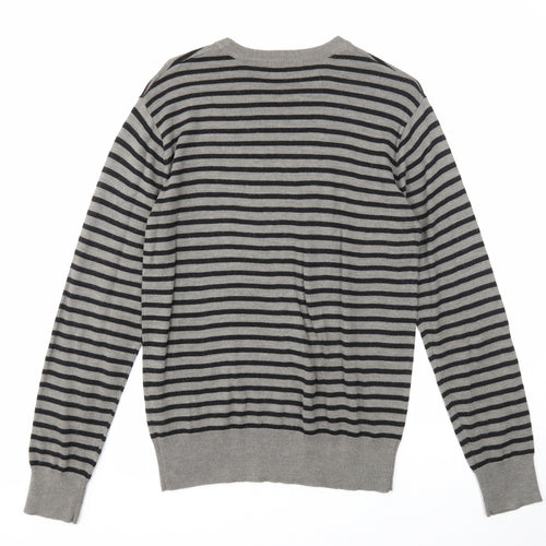 Defended Style Mens Grey Round Neck Striped Acrylic Pullover Jumper Size S Long Sleeve