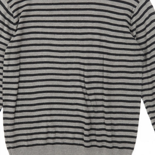 Defended Style Mens Grey Round Neck Striped Acrylic Pullover Jumper Size S Long Sleeve