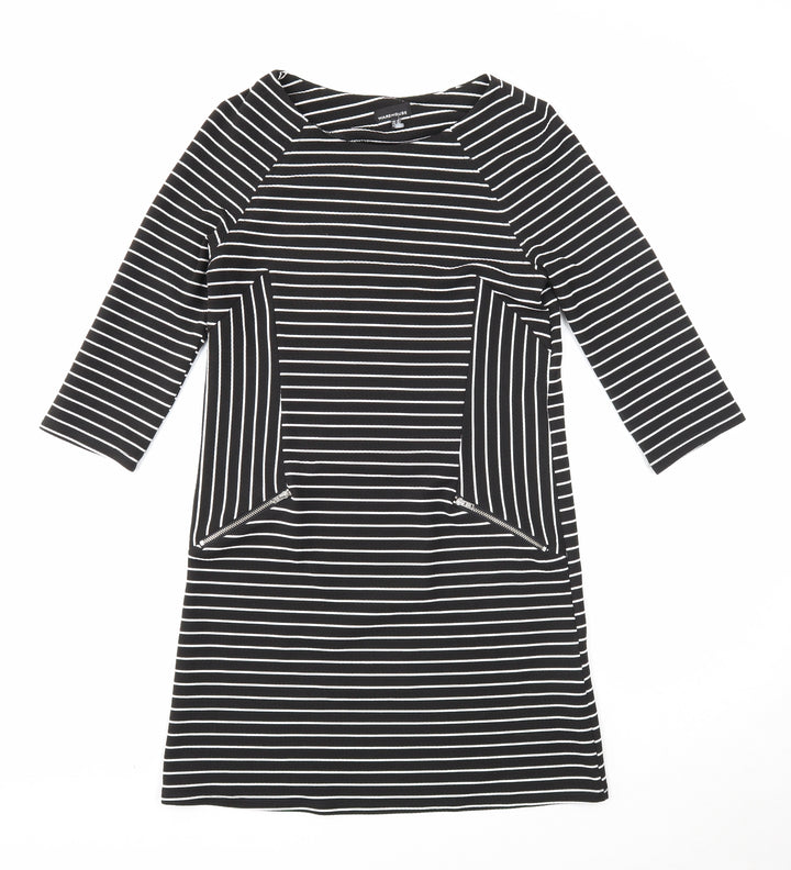 Warehouse Womens Black Striped Polyester A-Line Size 10 Round Neck Zip