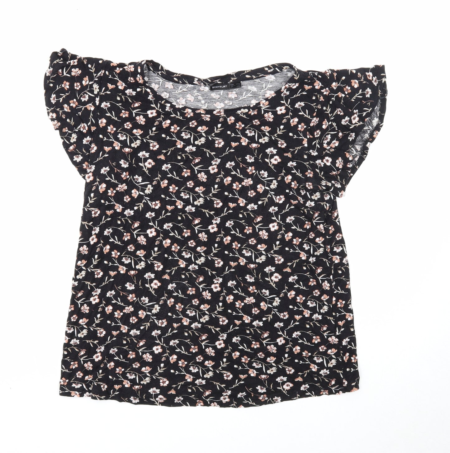 Body Flirt Womens Black Floral Viscose Basic T-Shirt Size M Round Neck