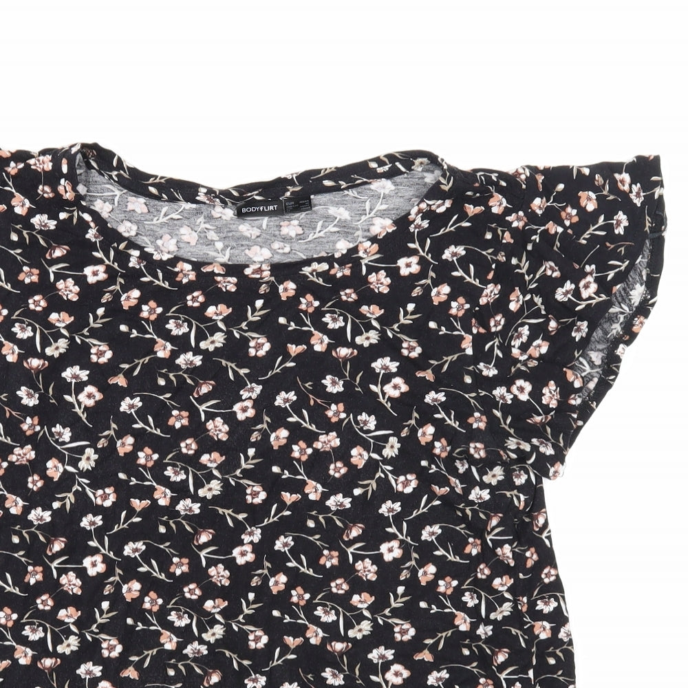 Body Flirt Womens Black Floral Viscose Basic T-Shirt Size M Round Neck