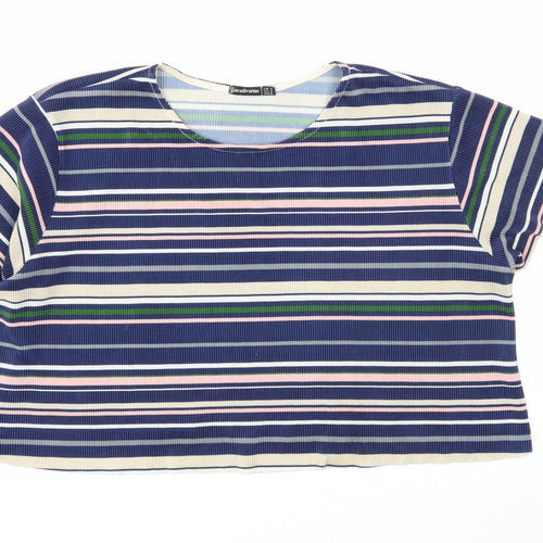 Stradivarius Womens Blue Striped Polyester Cropped T-Shirt Size M Scoop Neck