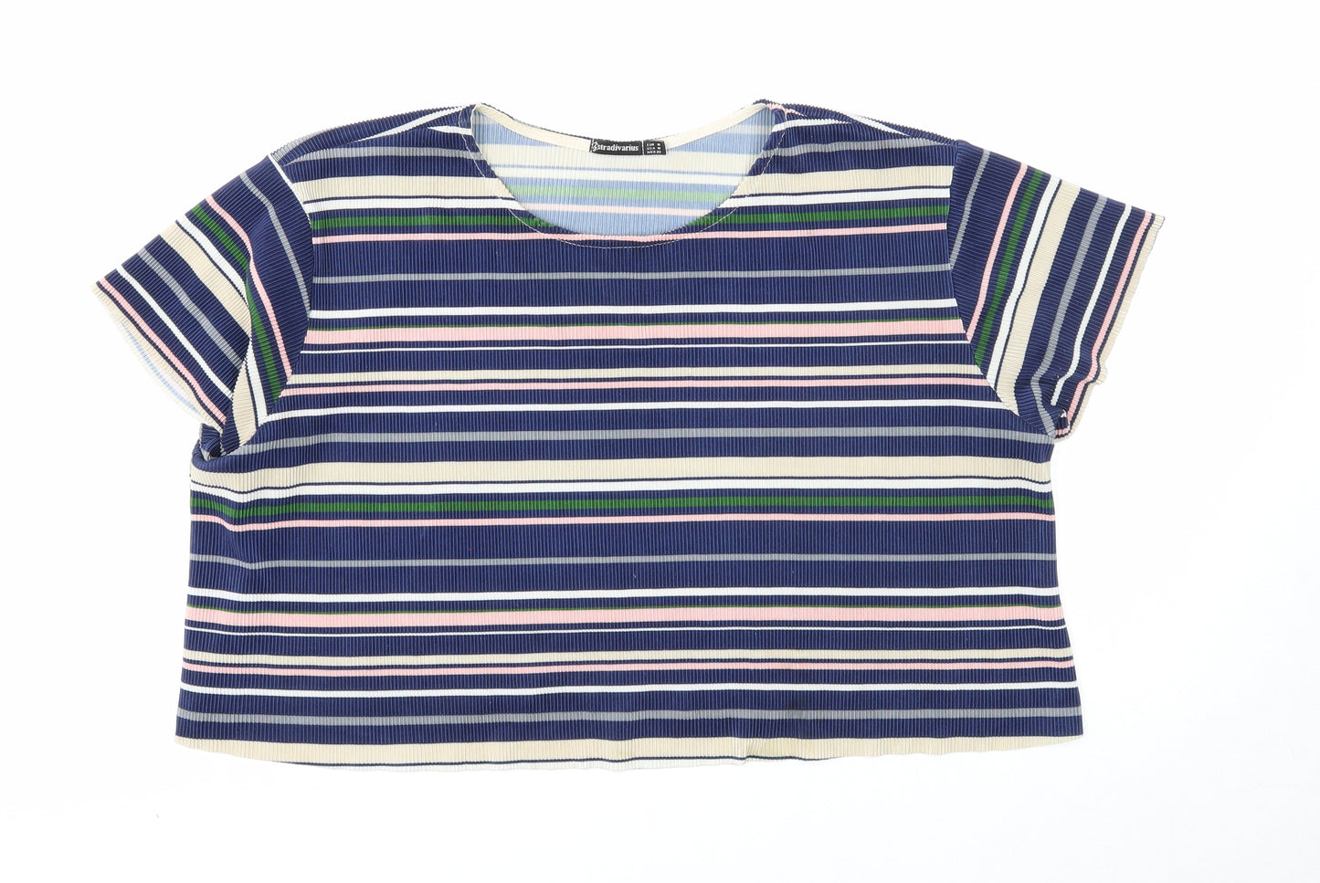 Stradivarius Womens Blue Striped Polyester Cropped T-Shirt Size M Scoop Neck