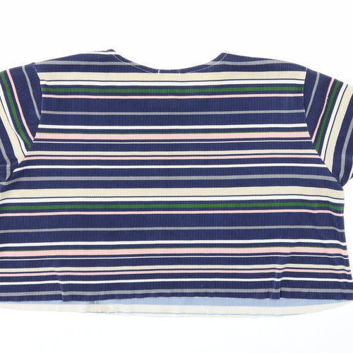 Stradivarius Womens Blue Striped Polyester Cropped T-Shirt Size M Scoop Neck