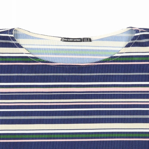 Stradivarius Womens Blue Striped Polyester Cropped T-Shirt Size M Scoop Neck